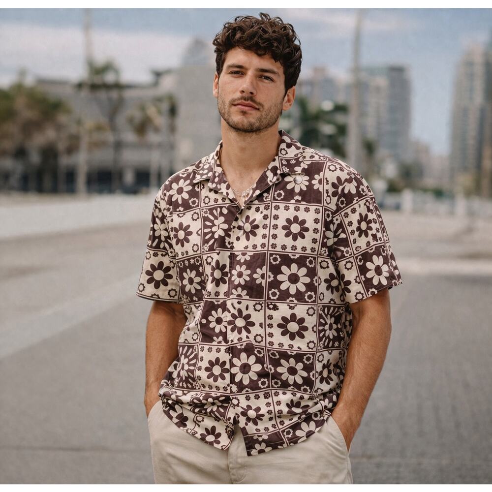PacSun Retro Floral Button-Up Shirt Brown Cream Size M